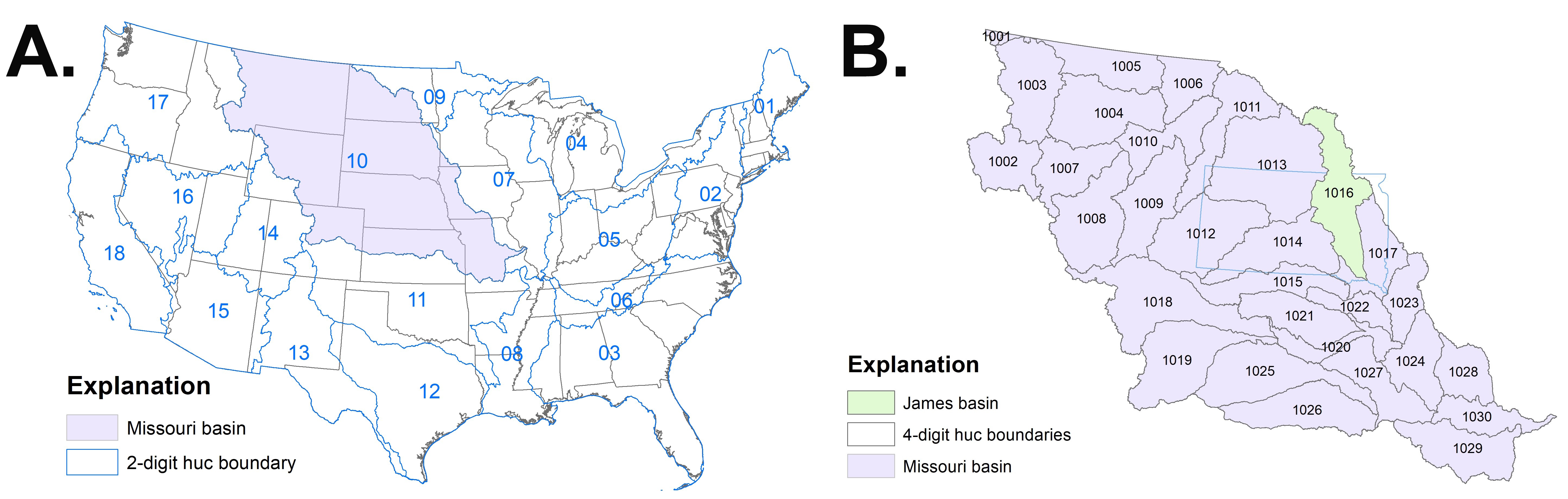 Left: Image of 2-digit HUC boundaries in continental United States. Right: Image of 4-digit HUC boundaries in the Missouri basin. For a complete description of this graphic, please call SDSU Extension at 605-688-4792.