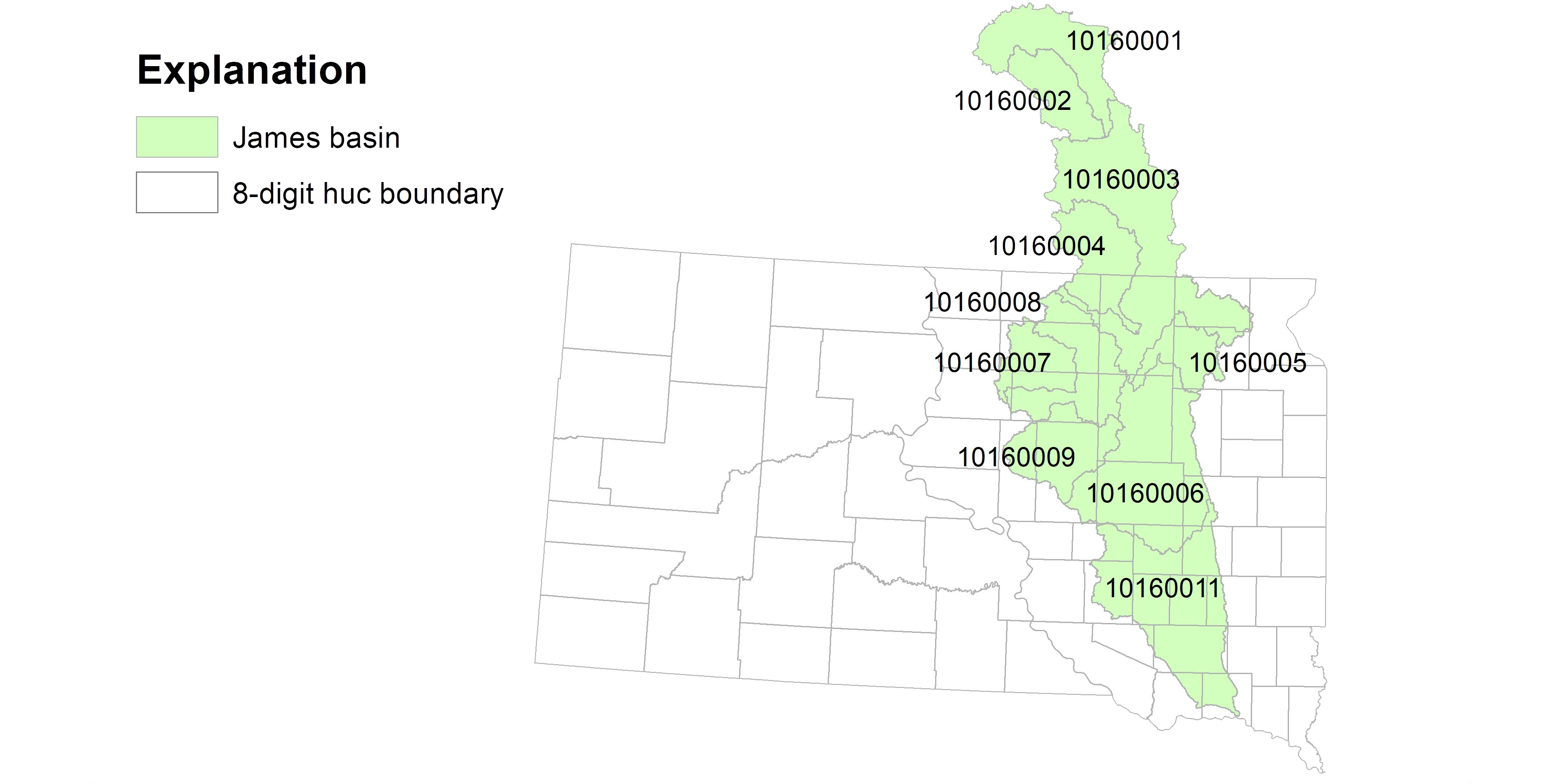 Image of 8-digit HUC boundaries within James River subregion