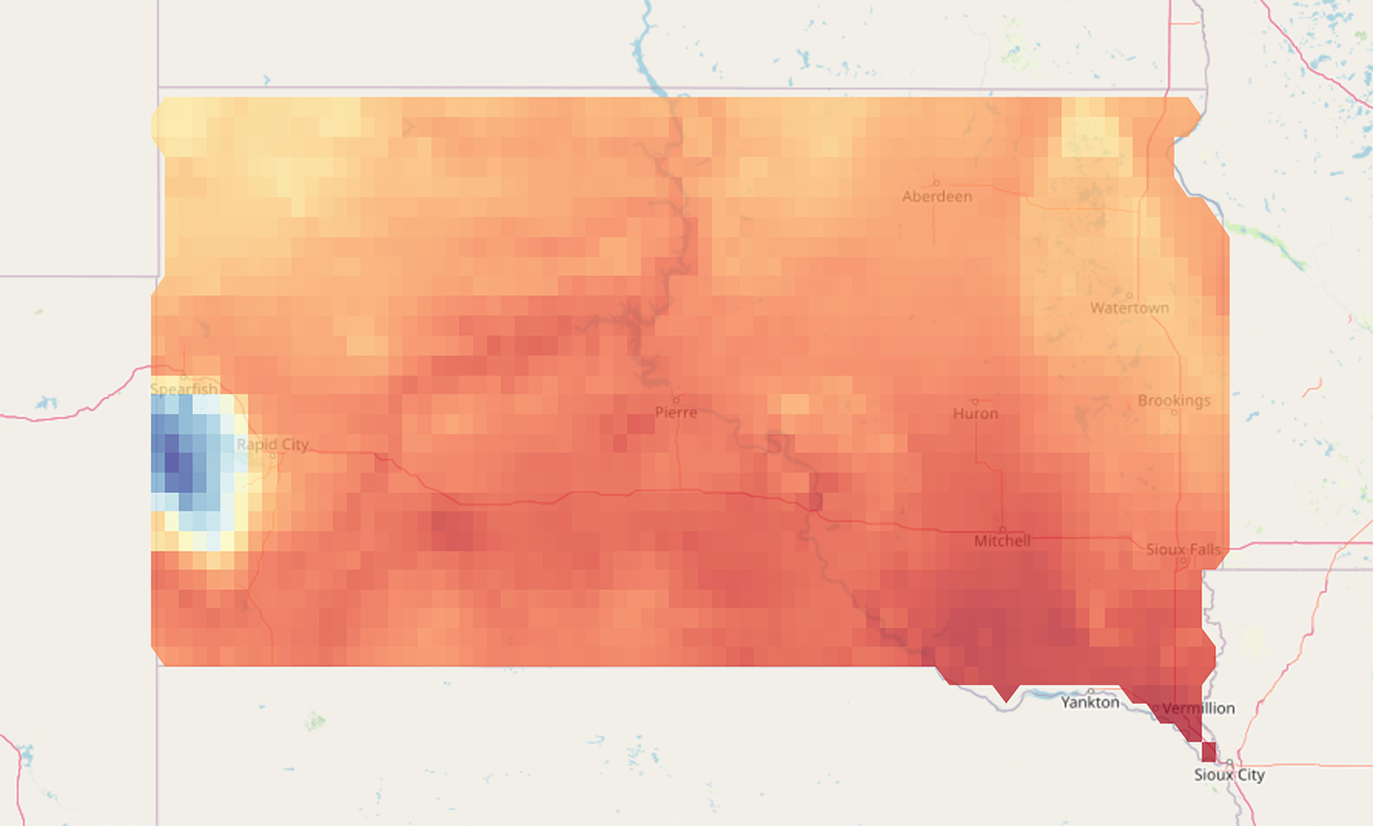 Color-coded map showing average grazing readiness date for Western Wheatgrass in South Dakota. For assistance reading this graphic and data set, please call SDSU Extension at 605-688-4792.