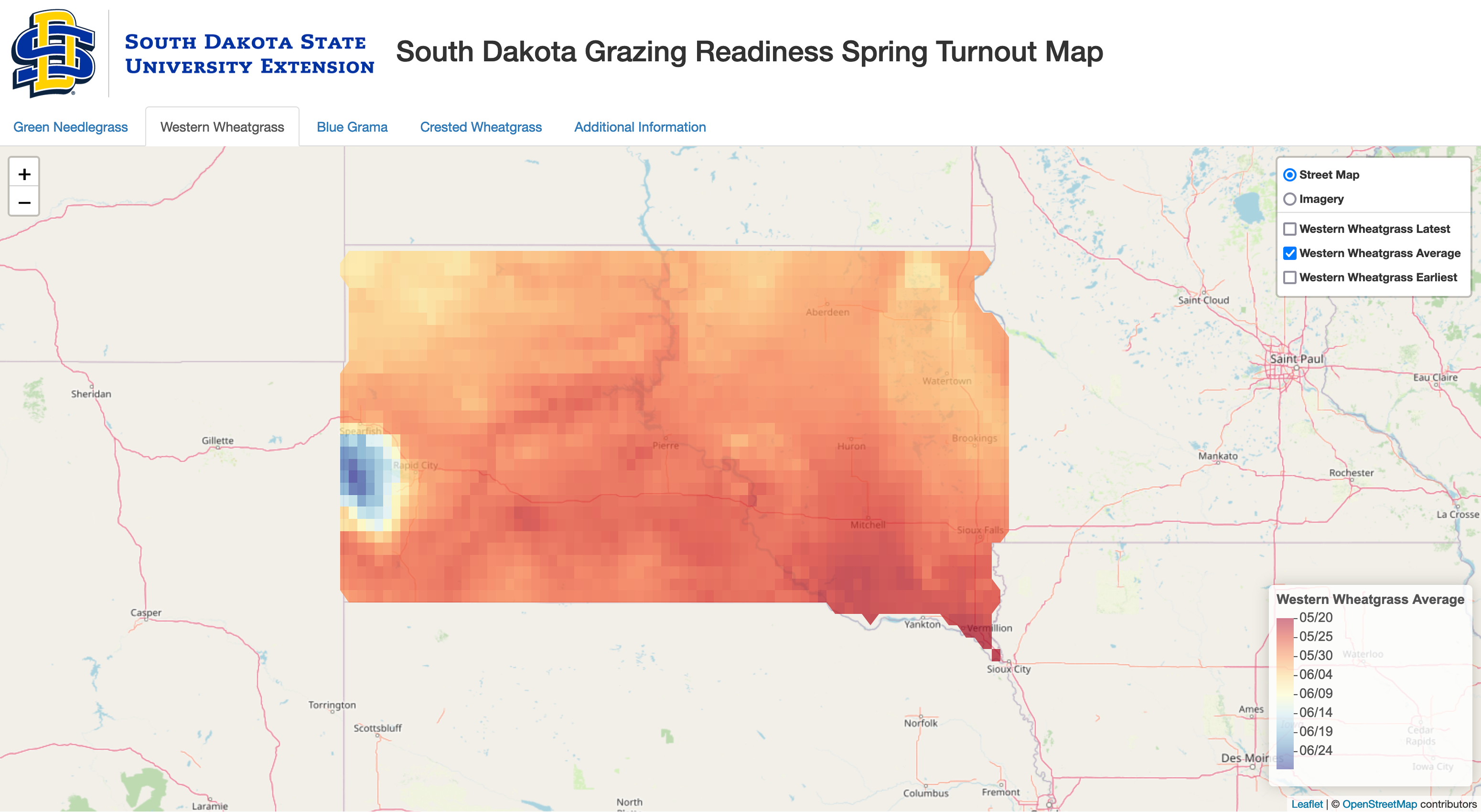 Color-coded map showing average grazing readiness date for Western Wheatgrass in South Dakota. For assistance reading this graphic and data set, please call SDSU Extension at 605-688-4792.