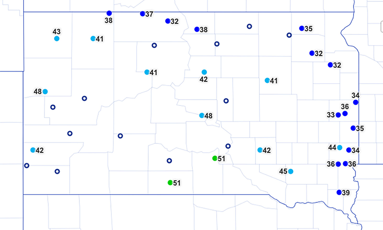 Map of South Dakota with dot-plots indicating 24-hour soil temperatures at a 4-inch depth for various locations throughout South Dakota. Data from Mesonet.sdstate.edu