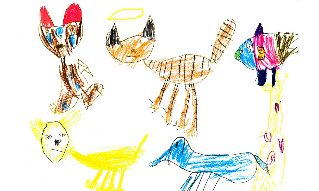 A child’s crayon drawing of various pets.