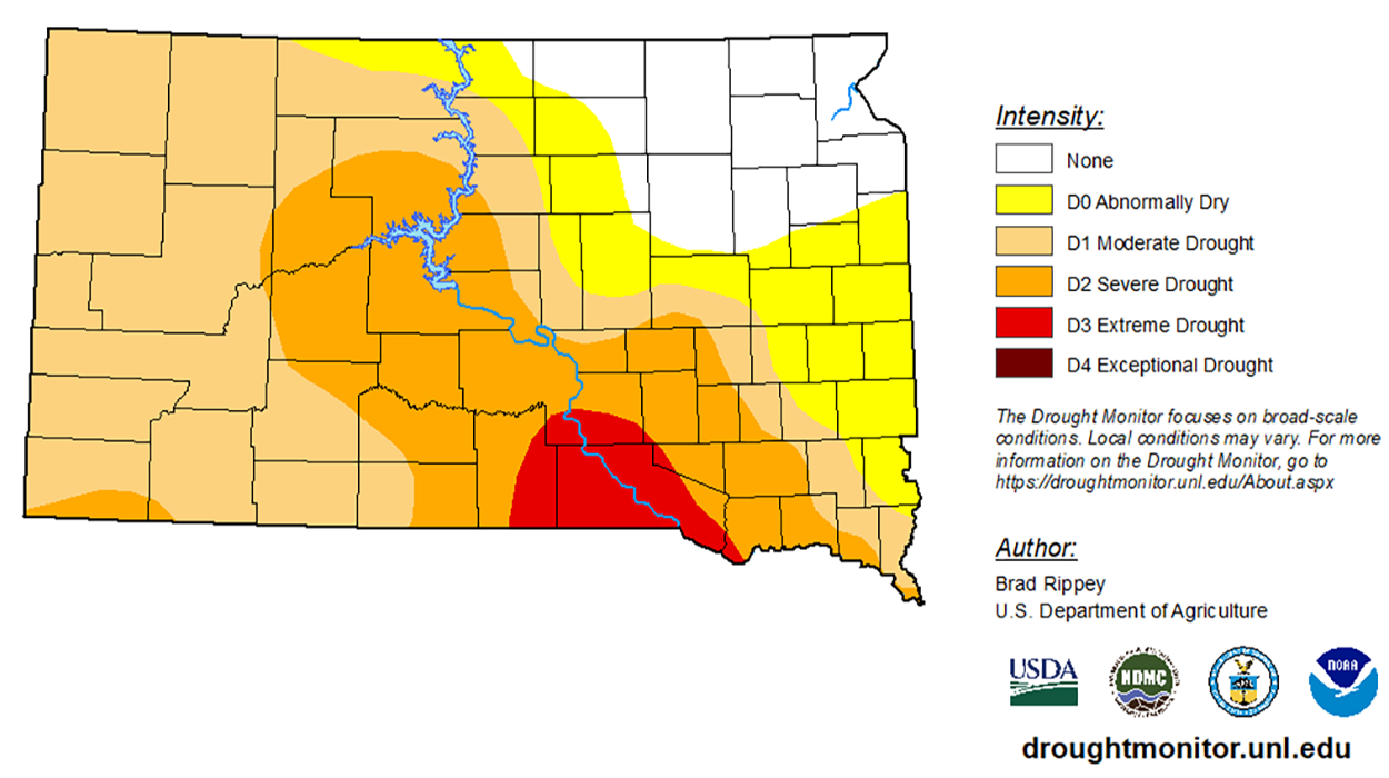 Map of South Dakota with varying colors indicating the level of drought that is being experienced. Much of the central part of the state from the northwest corner to the southeast, along the Missouri River, is in dark orange (severe drought). There is an area of red (extreme drought) in the south-central region.