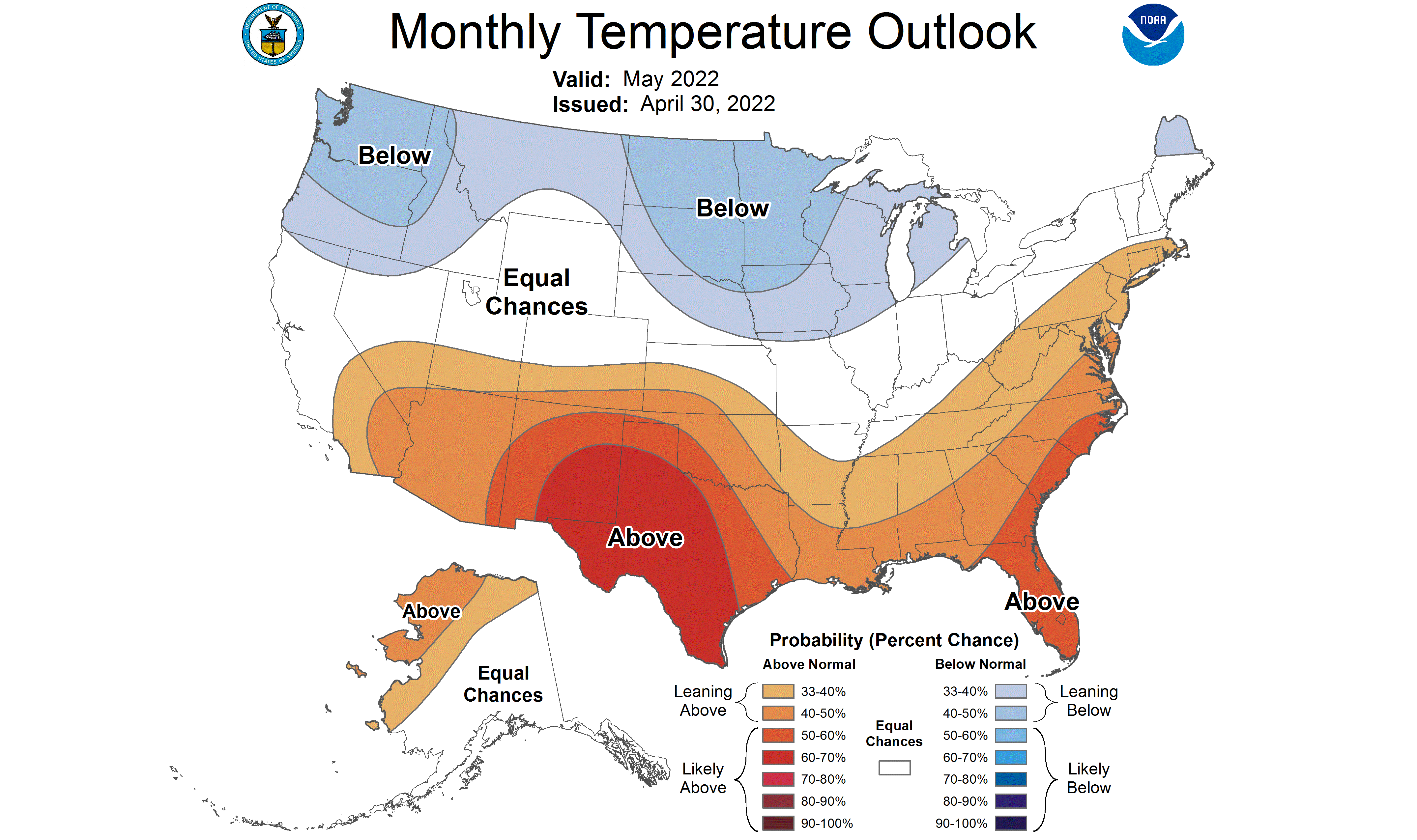 Color-coded map of the United States showing temperature outlook for May 2022. The majority of South Dakota is predicted to have below normal temperatures.