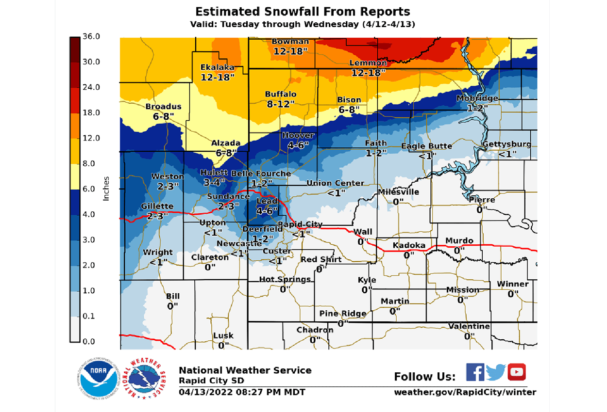 Color-coded chart showing precipitation estimates in northwest South Dakota, April 12-13. For assistance reading this graphic and data set, please call SDSU Extension at 605-688-4792.