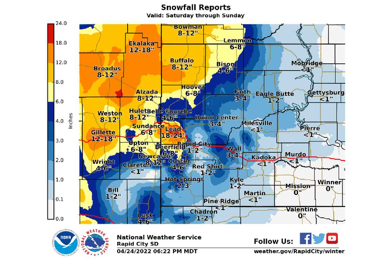 Color-coded chart showing precipitation estimates in northwest South Dakota, April 22-25. For assistance reading this graphic and data set, please call SDSU Extension at 605-688-4792.