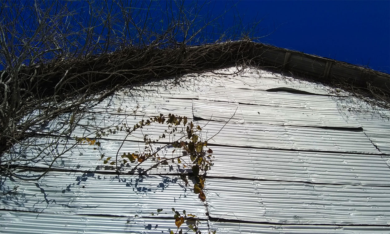 Wind damage on a pole barn's exterior.
