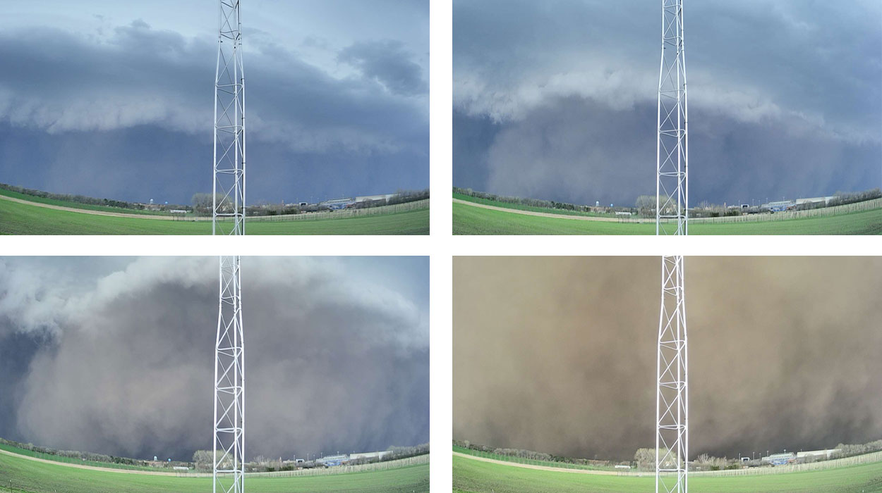 Four photos showing a derecho approaching the SDSU campus in Brookings, South Dakota.