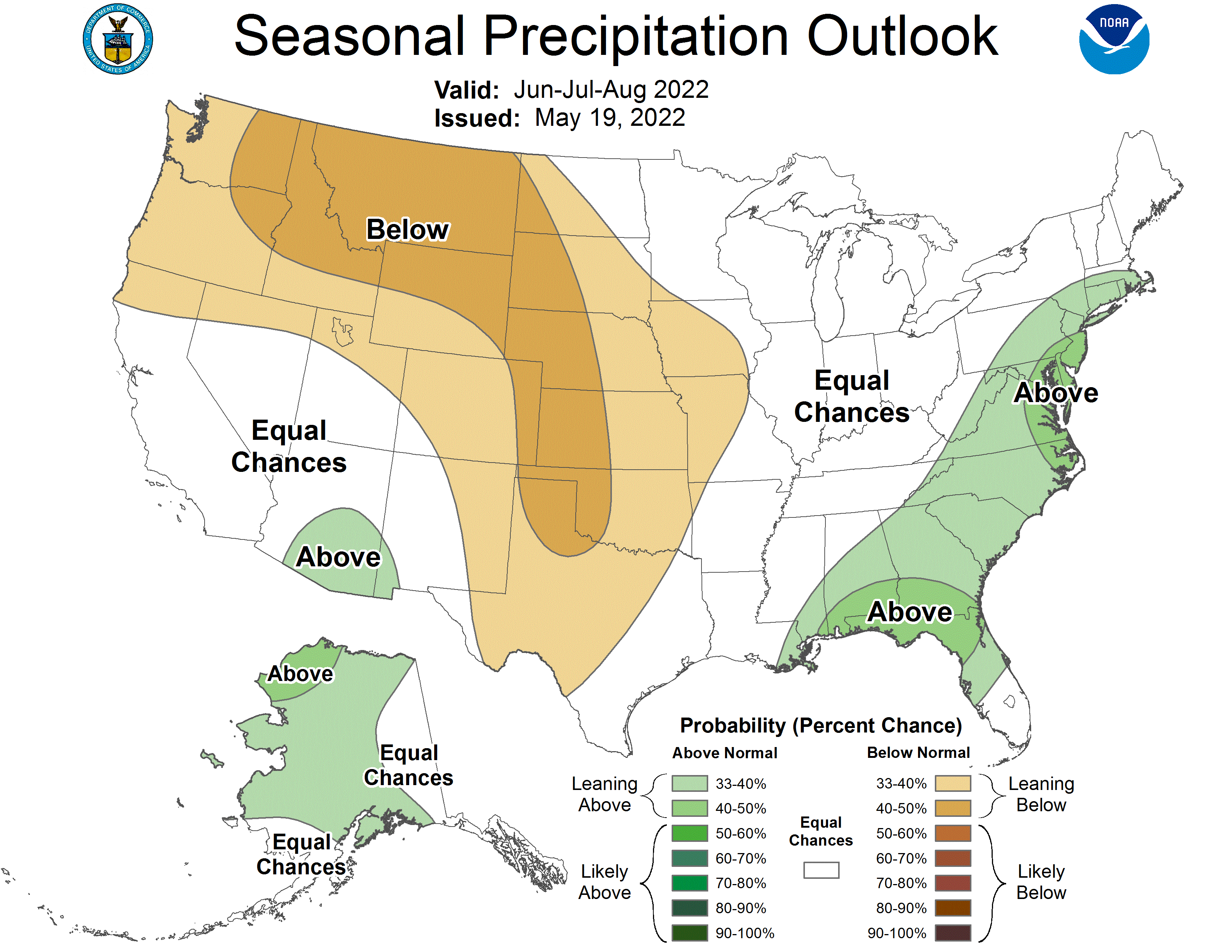 United States Map showing precipitation outlook for June through August 2022. For assistance reading this graphic and data set, please call SDSU Extension at 605-688-4792.