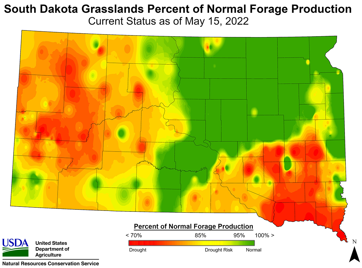 Color-coded map showing precent of normal forage production for South Dakota. For assistance reading this graphic and data set, please call SDSU Extension at 605-688-4792.