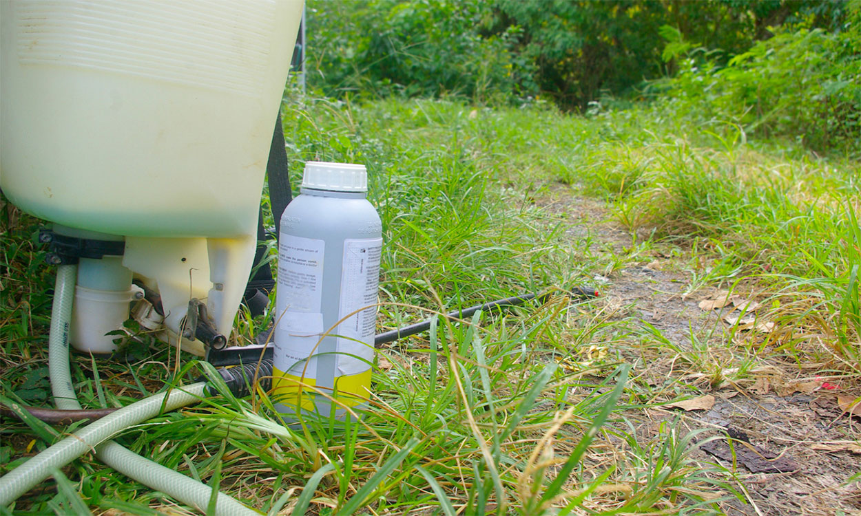 Crop sprayer and a bottle of chemicals in a yard.