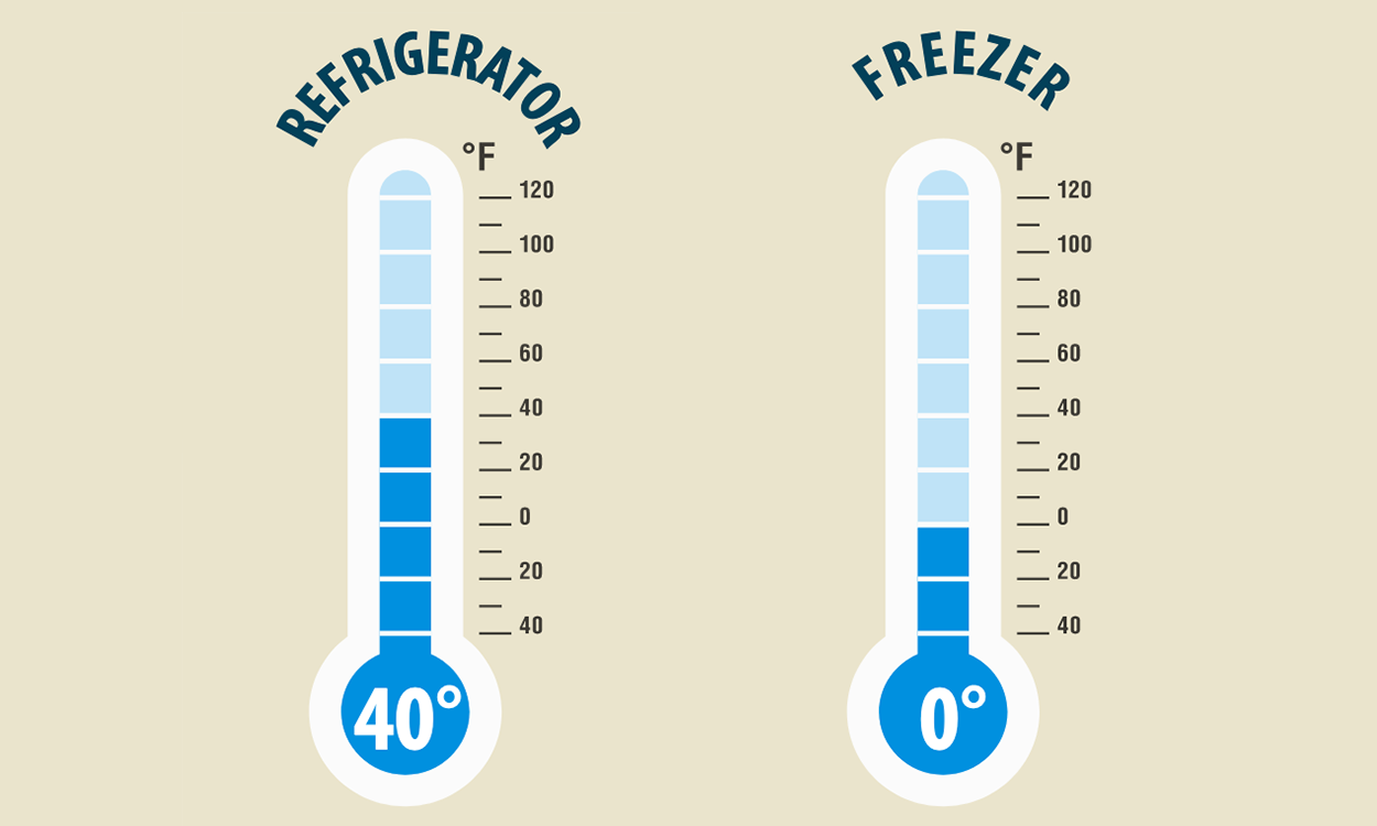 Thermometer infographic. Refrigerator temperature at 40° Fahrenheit. Freezer temperature at 0° Fahrenheit.