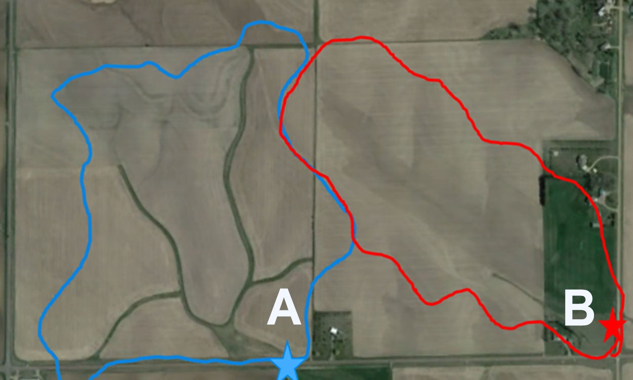 Watershed map showing the boundaries of a no-till and conventionally managed field.