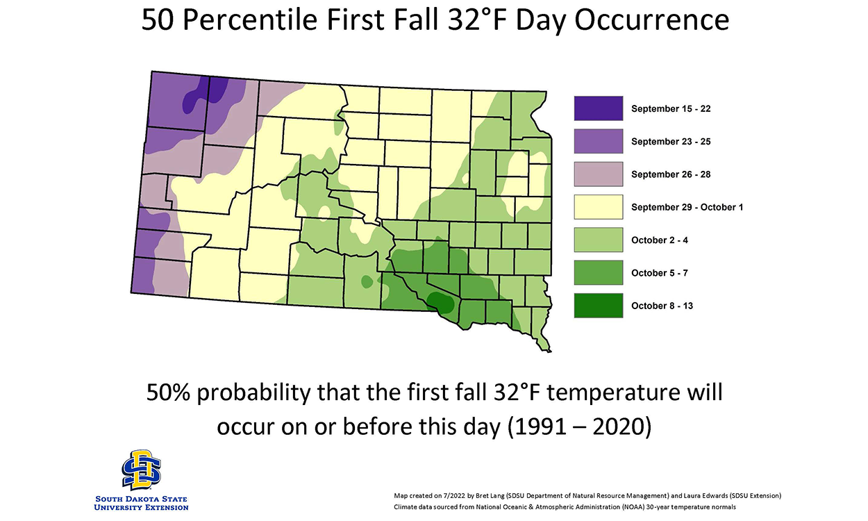 Color-coded map of South Dakota indicating the fiftieth percentile, for first fall occurrence of 32 degrees Fahrenheit. For assistance reading this graphic and data set, please call SDSU Extension at 605-688-4792.