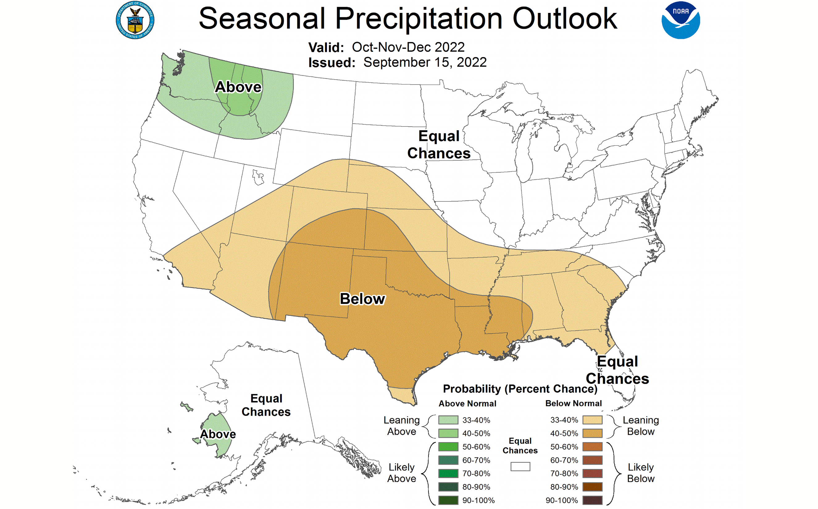 Color-coded map of the United States showing October 2022 precipitation outlook. South Dakota shows equal chances of above or below average precipitation. For assistance reading this graphic and data set, please call SDSU Extension at 605-688-4792.