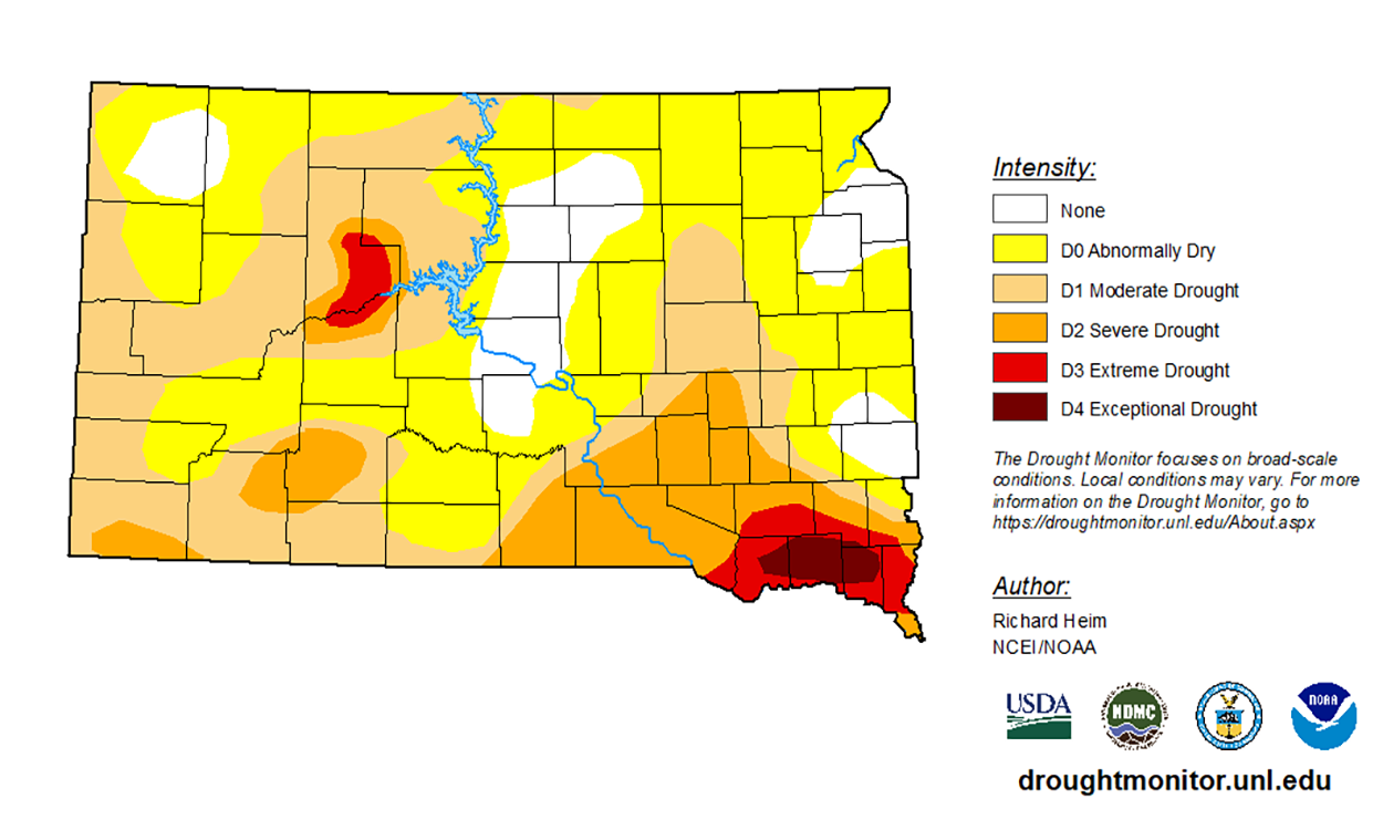 Drought monitor map for the state of South Dakota. Conditions in South Dakota vary from no drought to exceptional drought conditions. For assistance reading this graphic, please call SDSU Extension at 605-688-4792.