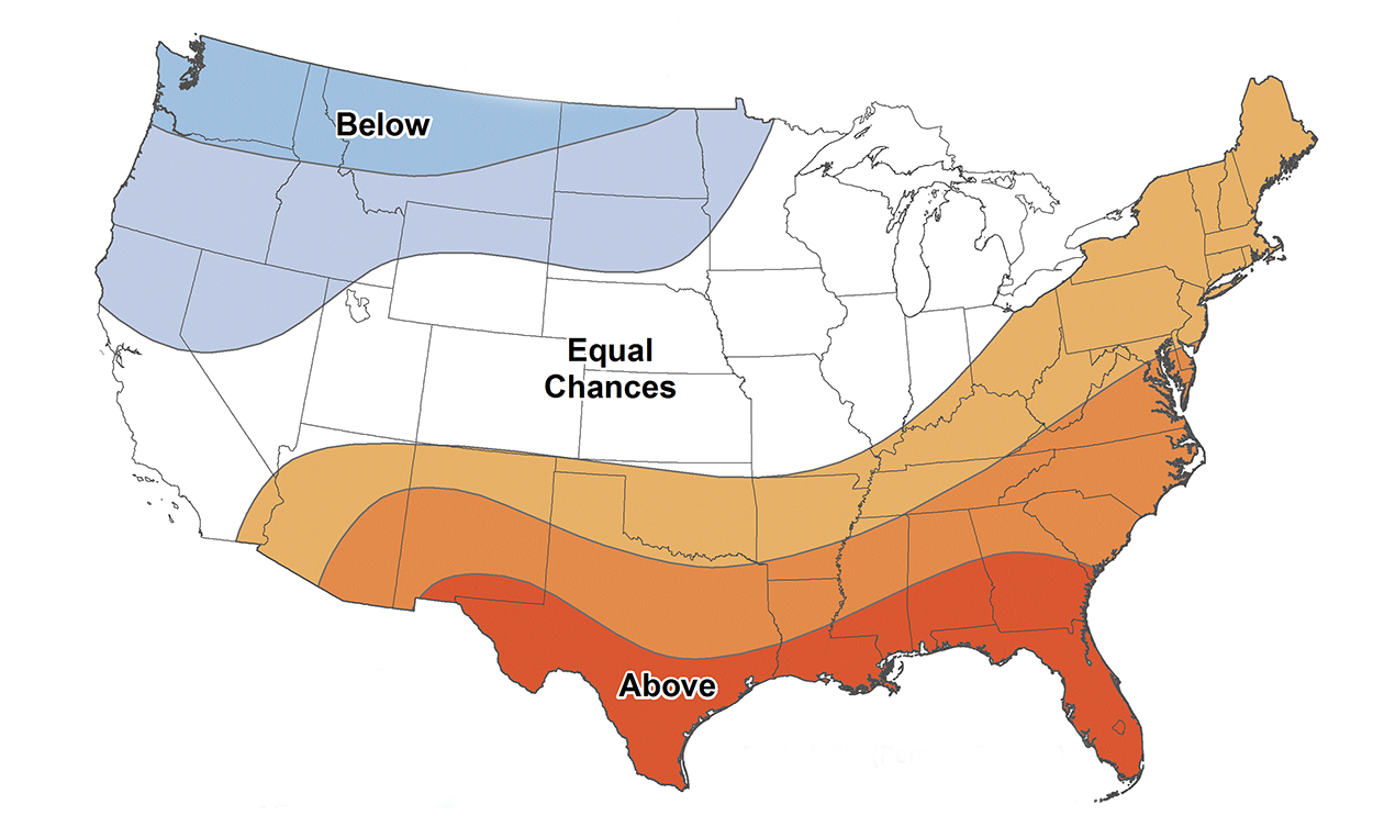 Color-coded temperature outlook map of the United States for February through April 2023. For an in-depth description of this graphic, please call SDSU Extension at 605-688-6729.