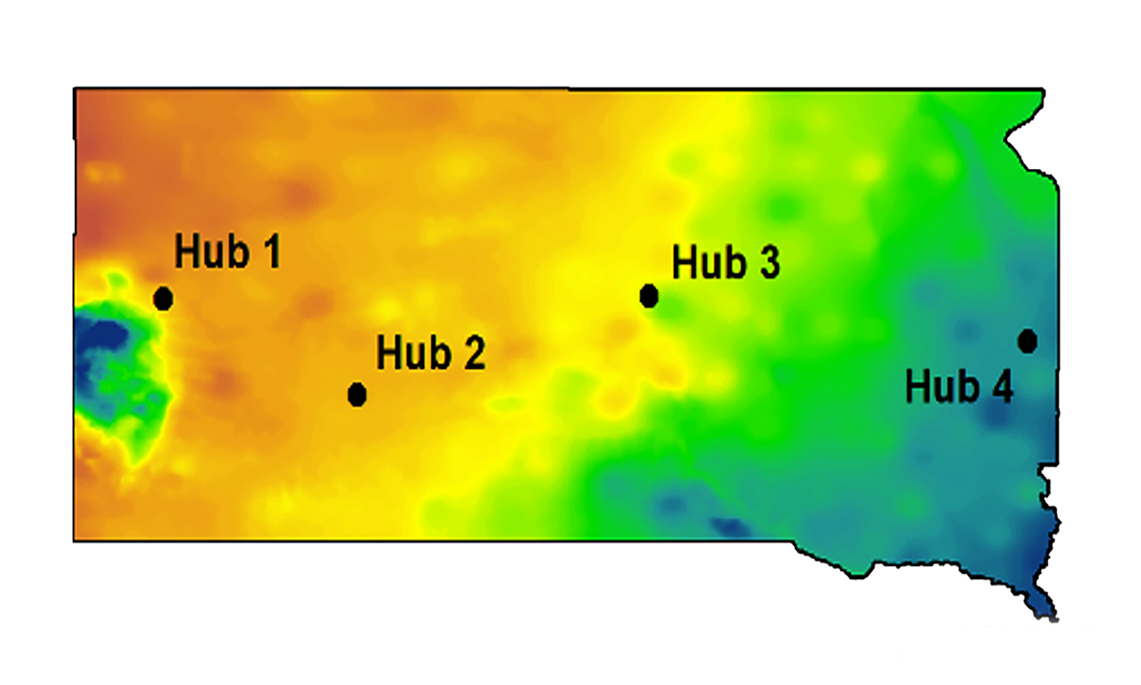 Color-coded map showing rainfall accumulation at the locations of the four hub study sites in South Dakota. For assistance reading this graphic and data set, please call SDSU Extension at 605-688-6729.