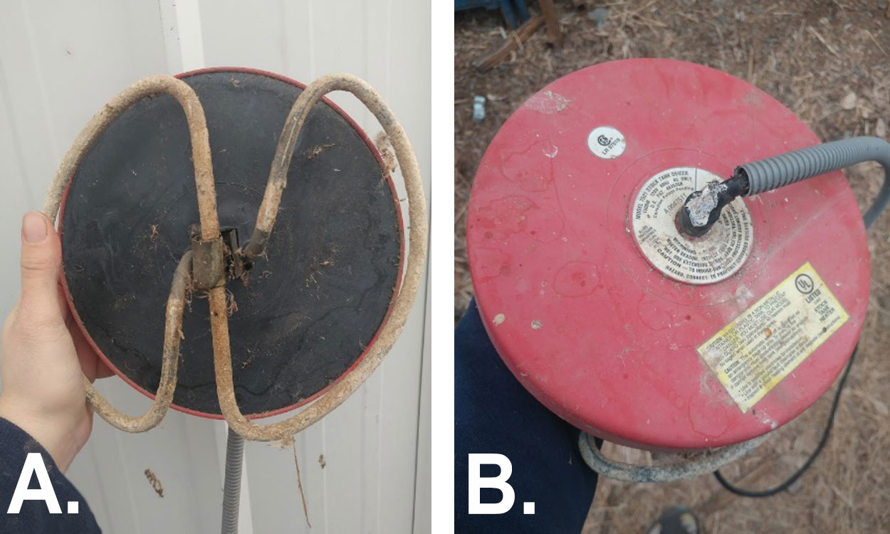 Two photos of a floating water heater. Photo “A” shows the bottom heating element. Photo “B” Shows a top view with a power supply cord.