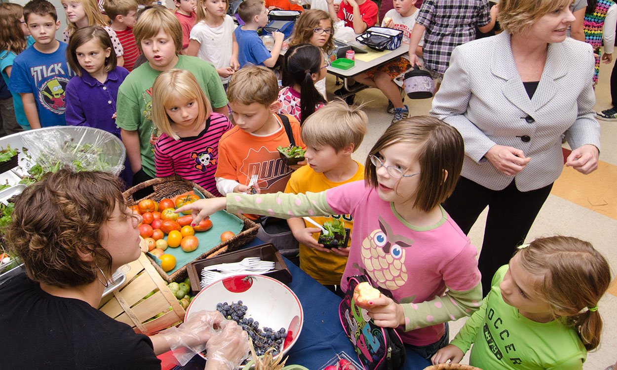Children sampling local produce in a school cafeteria.