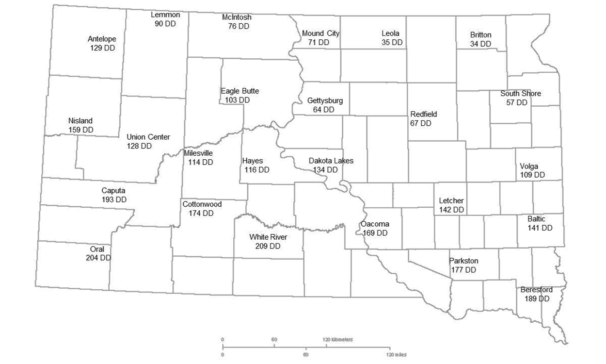Map showing the current degree day accumulations of alfalfa weevils for several South Dakota locations. For a detailed description of this map, please call SDSU Extension at 605-688-6729.