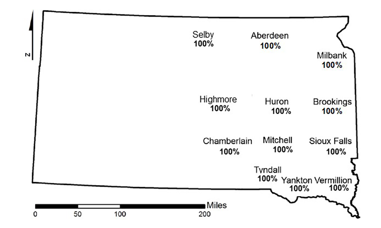 A map of South Dakota displaying the predicted bean leaf beetle mortalities based on air temperatures at or below 14 degrees Fahrenheit or colder for South Dakota. 12 of the 12 locations have 100% mortality.