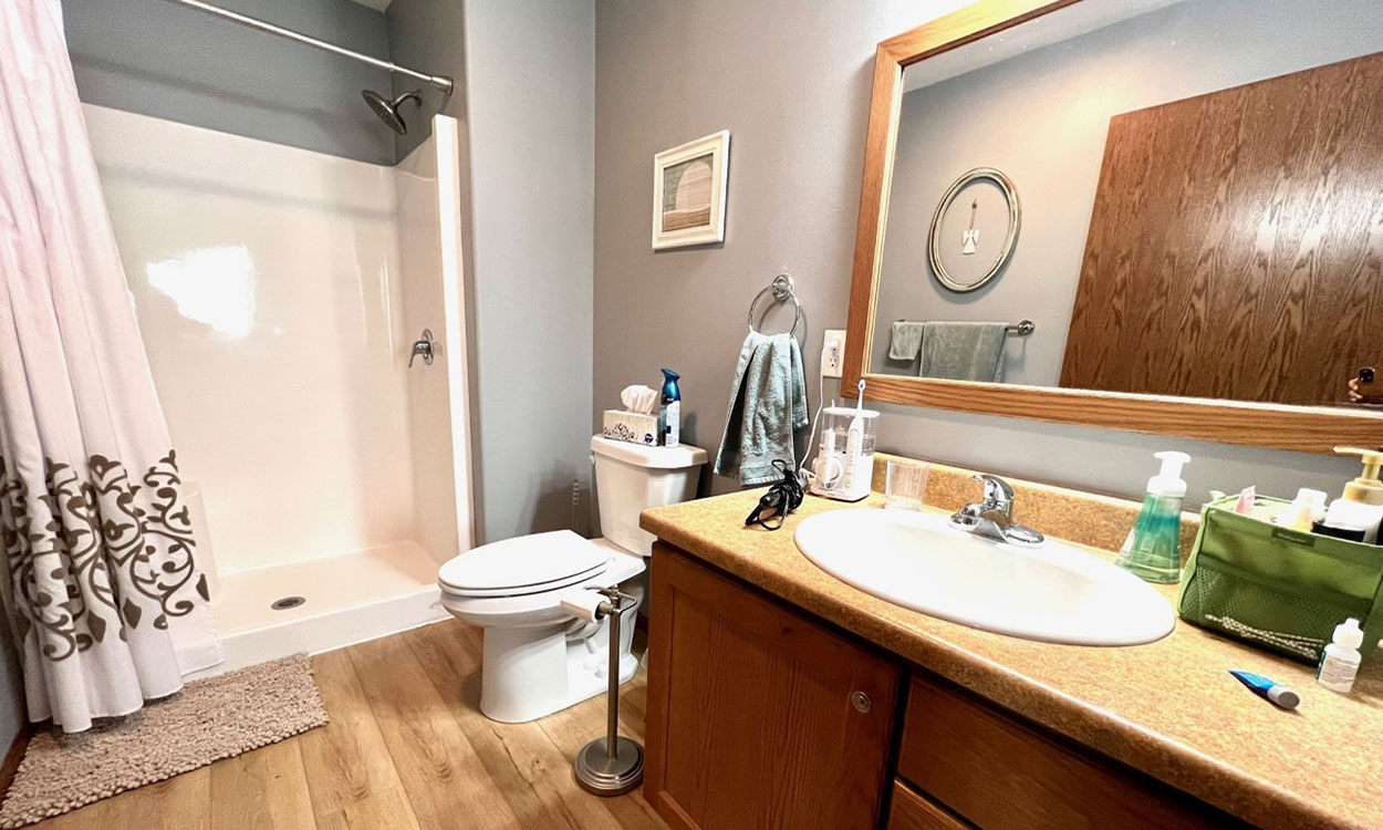 Accessible bathroom with a step-in shower and low-clearance sink.