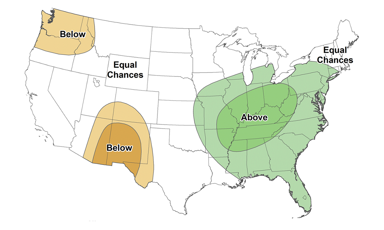 Color-coded map of the United States indicating the June through August 2023 precipitation outlook. For a detailed description of this graphic and data set, please call SDSU Extension at 605-688-6729.