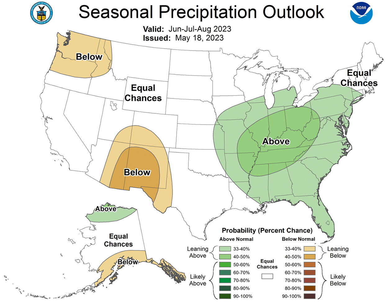 Color-coded map of the United States indicating the June through August 2023 precipitation outlook. For a detailed description of this graphic and data set, please call SDSU Extension at 605-688-6729.