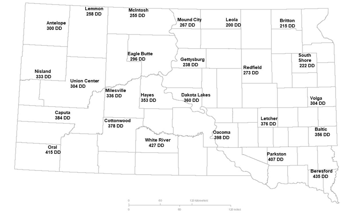 Map showing the current degree day accumulations of alfalfa weevils for several South Dakota locations. For a detailed description of this map, please call SDSU Extension at 605-688-6729.