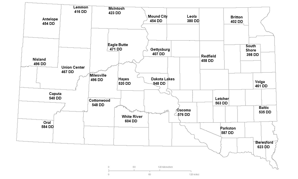 Map showing the current degree day accumulations of alfalfa weevils for several South Dakota locations. For a detailed description of this map, please call SDSU Extension at 605-688-6729.
