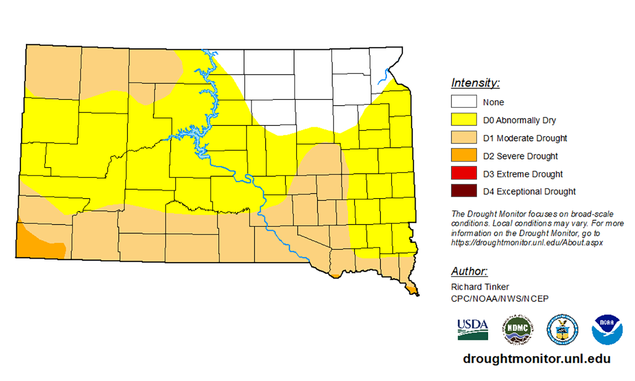 Drought monitor map for the state of South Dakota. Conditions in South Dakota vary from no drought to severe drought conditions. For a detailed description of this graphic, please call SDSU Extension at 605-688-6729.
