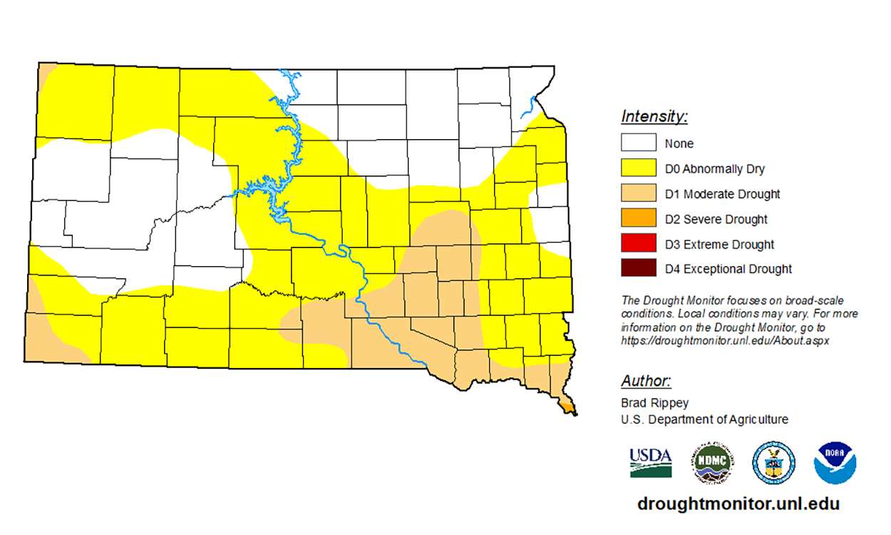Map of South Dakota with varying colors indicating the level of drought that is being experienced. For a detailed description of this graphic and data set, please call SDSU Extension at 605-688-6729.