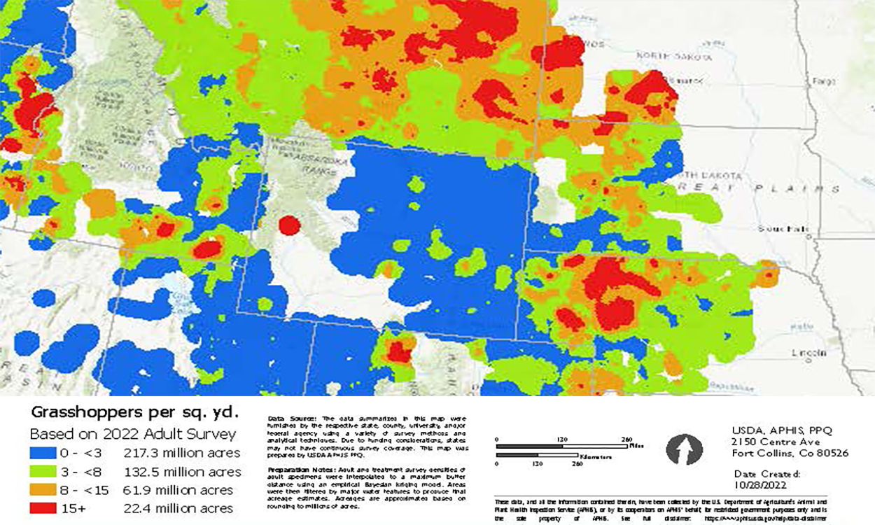 Map of South Dakota of Northern Great Plains and the Western United States. Colors indicate the number of grasshoppers per square yard in each of the sampled locations. For a detailed description of this graphic and data set, please call SDSU Extension at 605-688-6729.