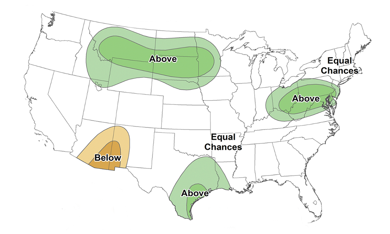Color-coded map of the United States indicating July 2023 precipitation outlook. For a detailed description of this graphic and data set, please call SDSU Extension at 605-688-6729.