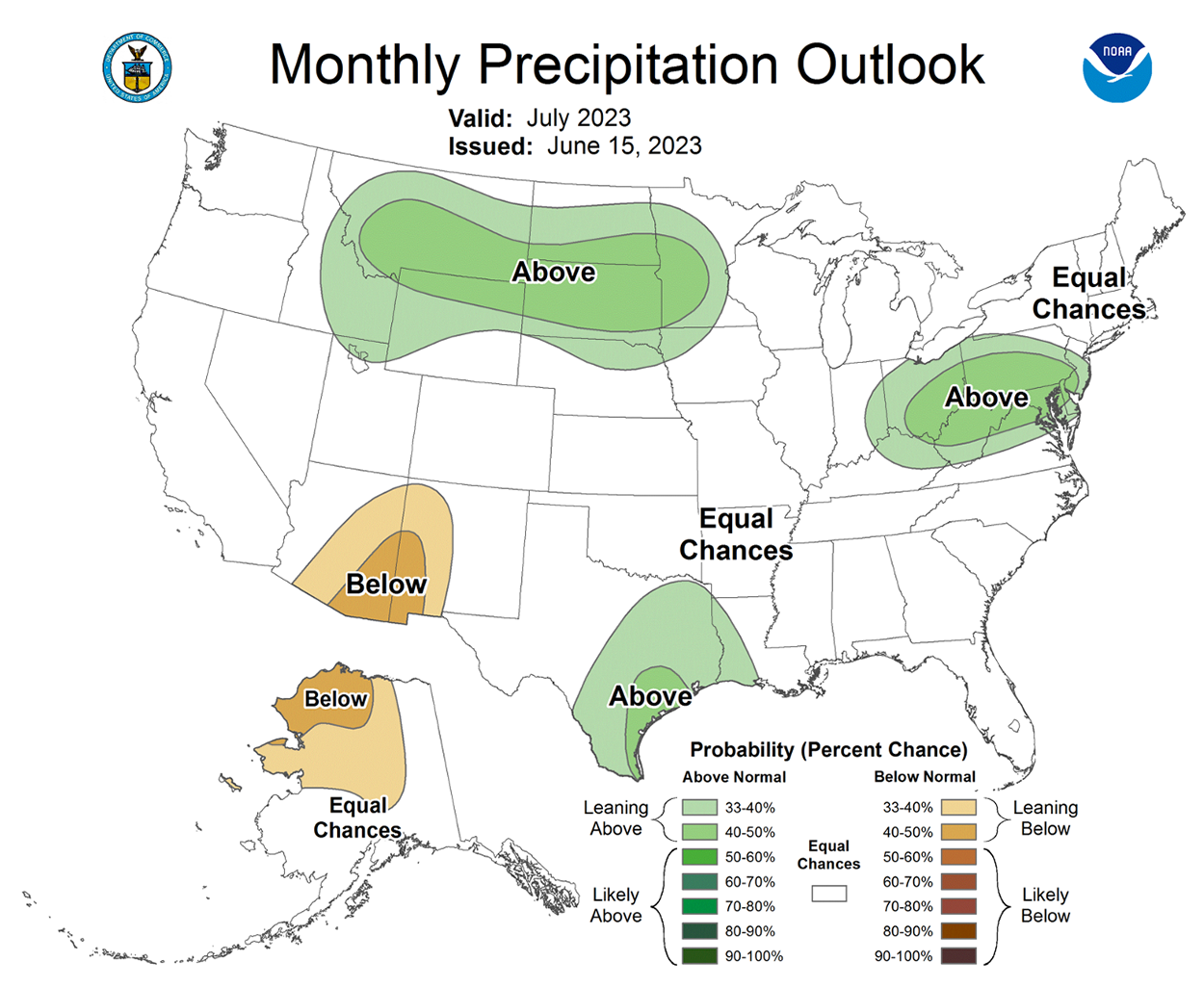 Color-coded map of the United States indicating July 2023 precipitation outlook. For a detailed description of this graphic and data set, please call SDSU Extension at 605-688-6729.