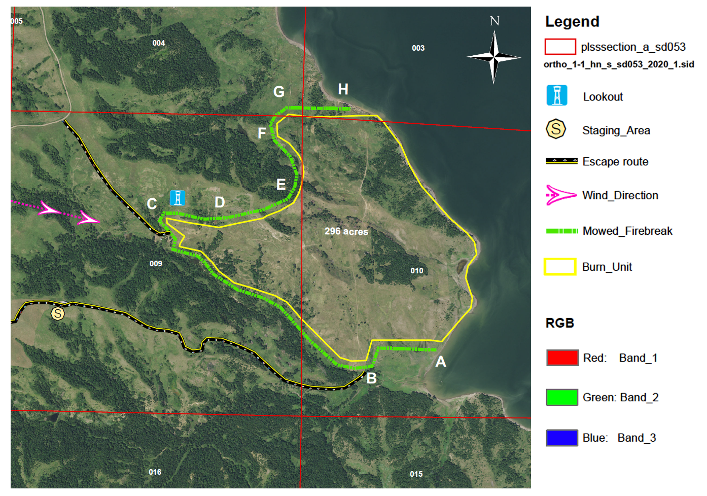 Satellite image of a well-planned burn unit with a legend to call out important landmarks and features. For a detailed description of this graphic, please call SDSU Extension at 605-688-6729.