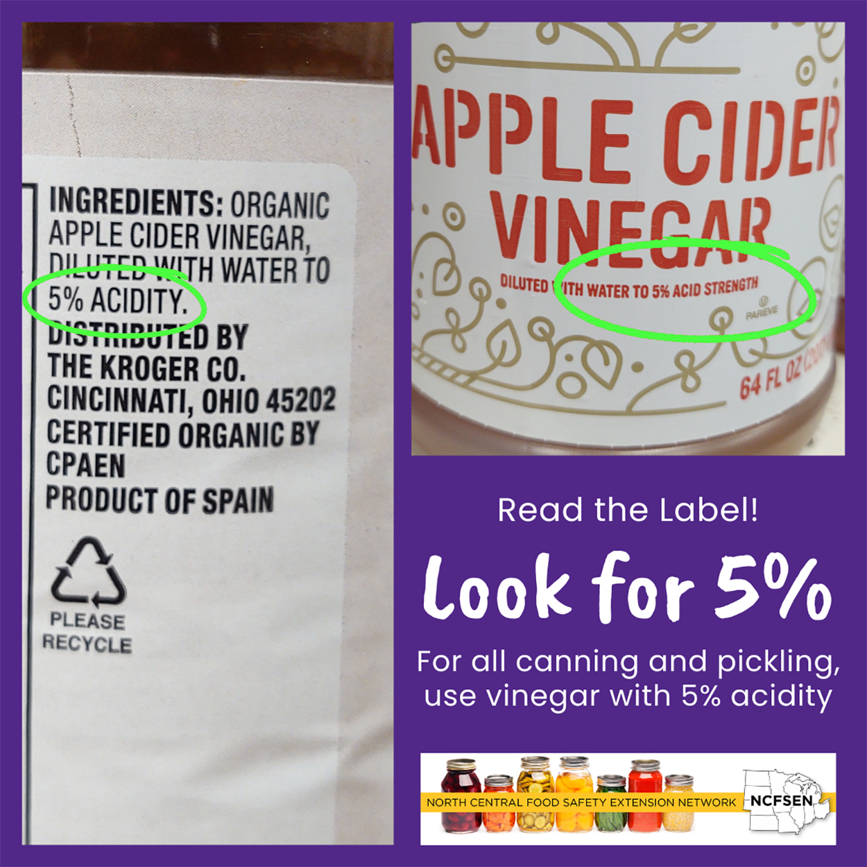 Infographic. Two vinegar labels with 5% acidity text circled. Text: Read the label. Look for 5%. For all canning and pickling, use vinegar with 5% acidity.