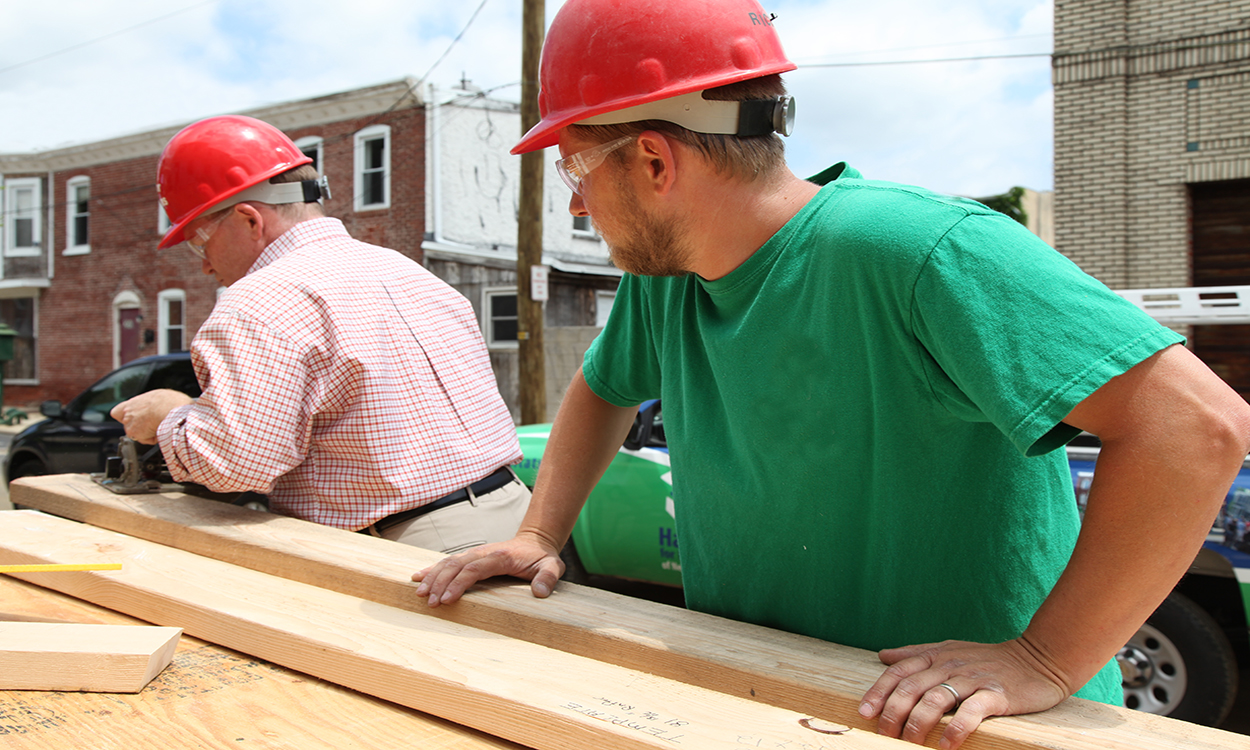 Volunteers working on a community construction project.