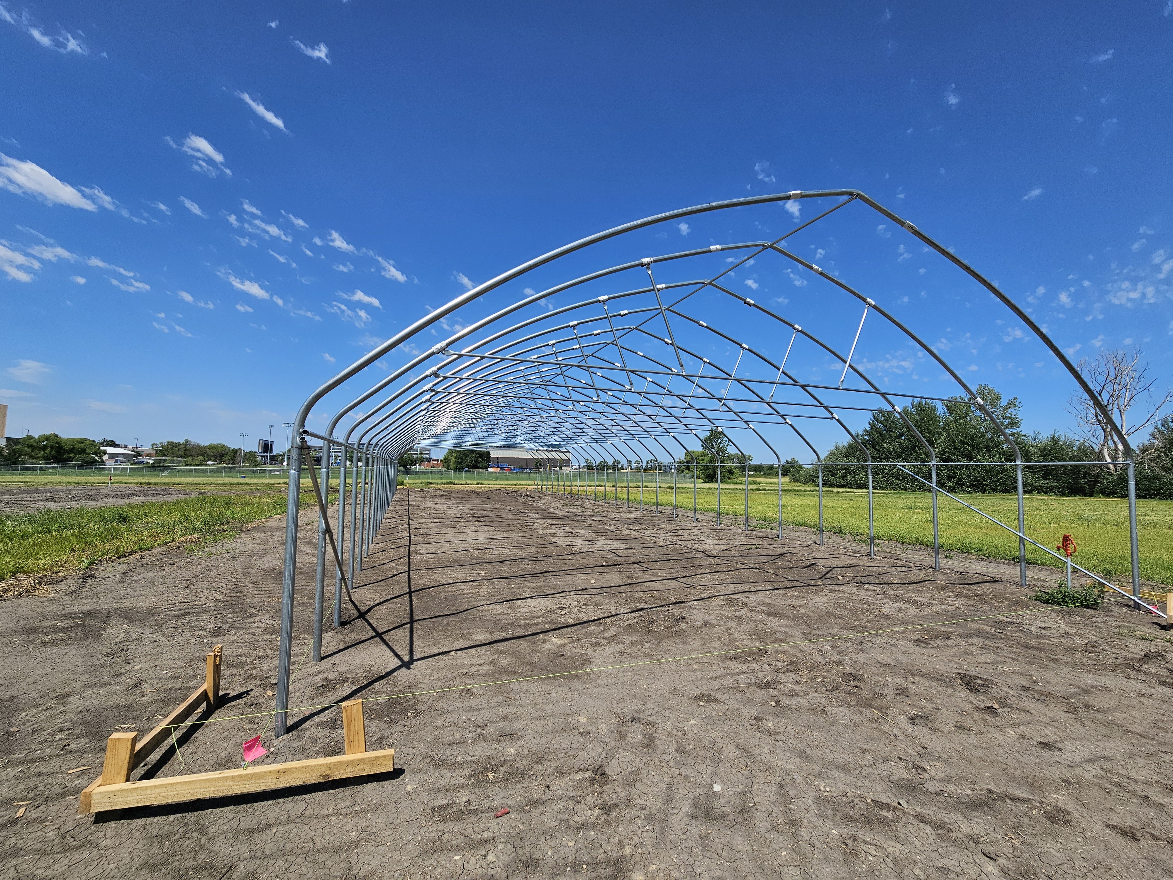 The metal frame of a high tunnel stands on a plot of bare dirt
