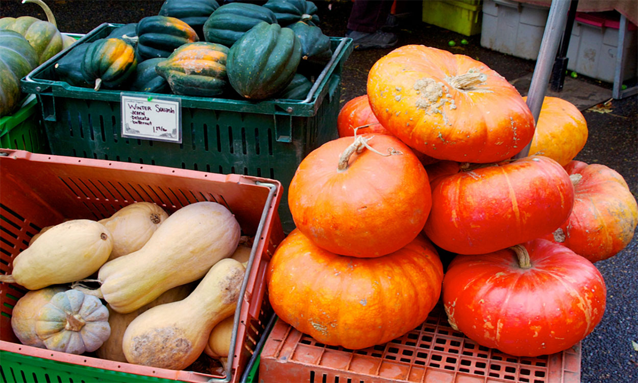 Pumpkins and winter squash on display at a farmer's market.