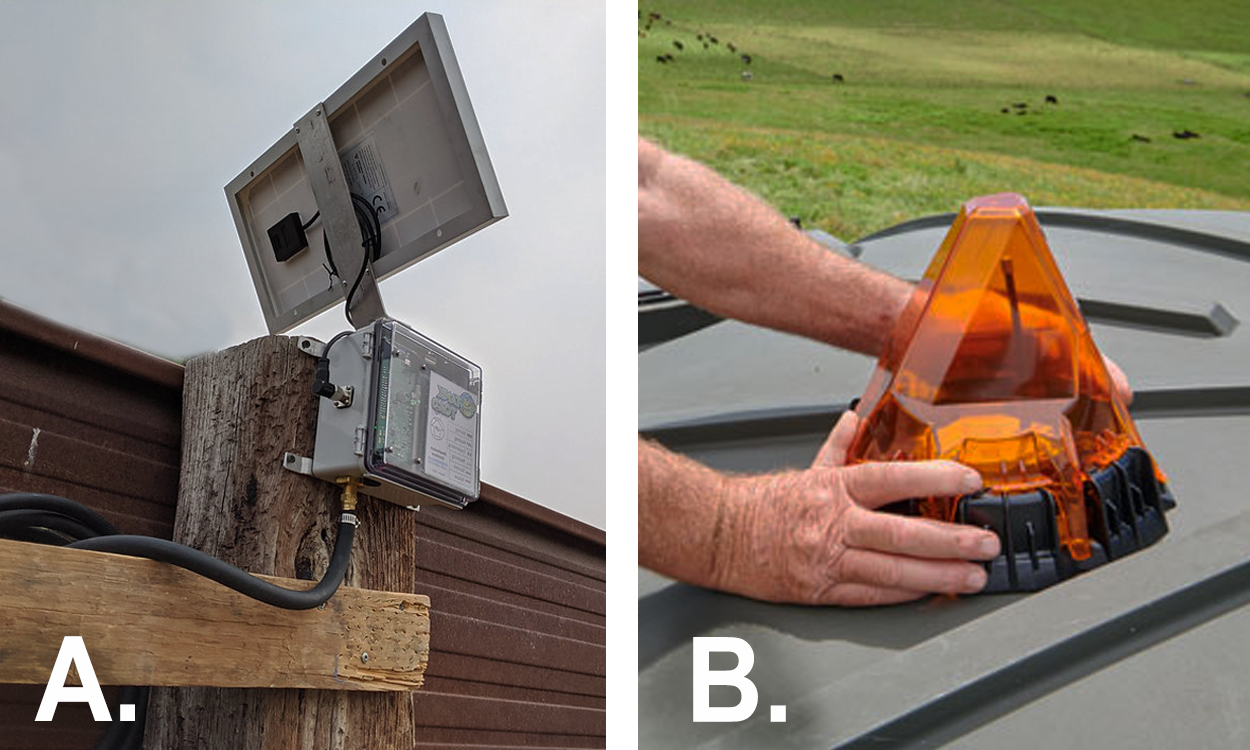 Left: The Tank Toad system. A stock tank monitoring technology that uses a solar panel, an information and data processing center, and a cord with sensors to collect metrics. Right: Photo of Gallagher satellite liquid monitoring system available to monitor stock tanks remotely with the use of a smart phone.