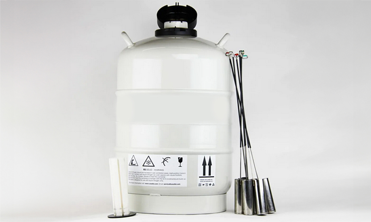 Cattle semen liquid nitrogen tank with semen canisters.