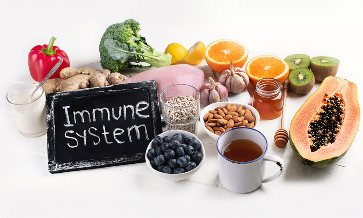 Chalkboard reading “Immune System” among various immune-boosting foods.