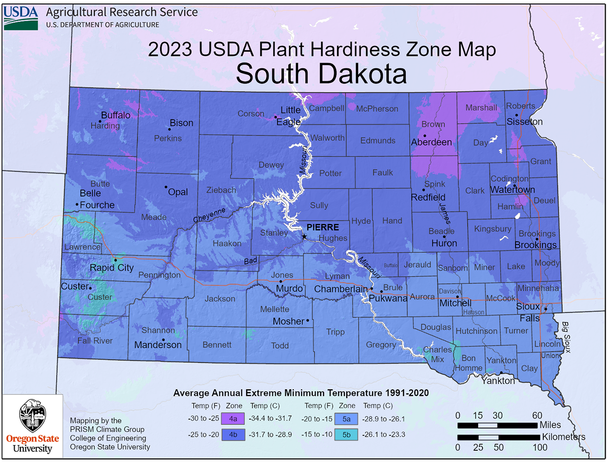 Color-coded map of South Dakota’s plant hardiness zones.