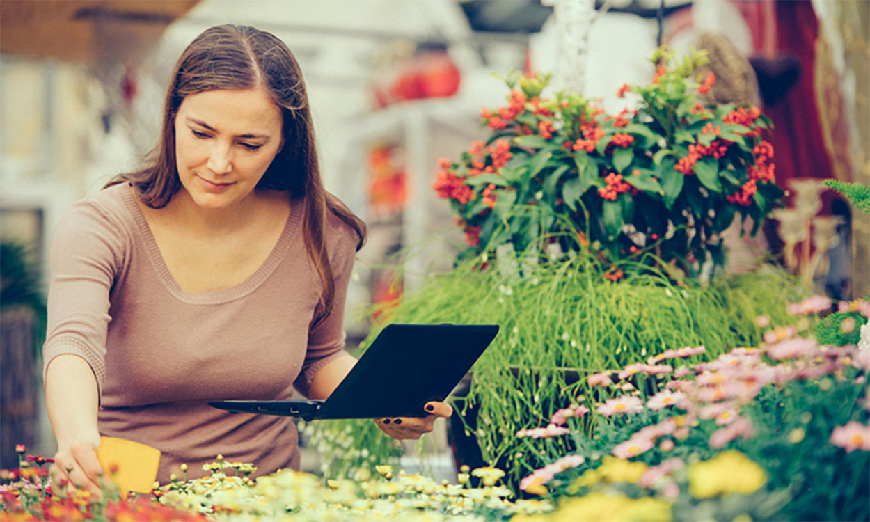 Woman viewing information on a tablet while shopping for flowers in a greenhouse.