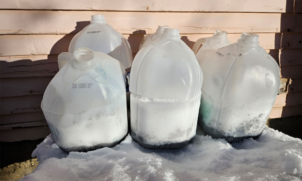 Jugs lined up outside with snow inside.