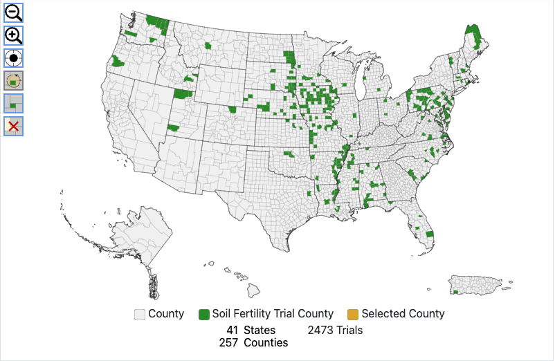 A screenshot of the website shows a map of the United States with green squares indicating where soil fertility trials have been conducted