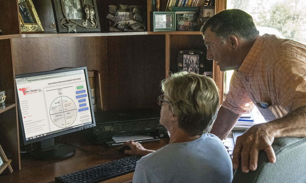 Husband and wife viewing calving software on a computer in a ranch office.