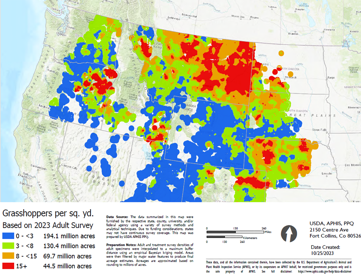 Map of South Dakota of Northern Great Plains and the Western United States. Colors indicate the number of grasshoppers per square yard in each of the sampled locations.